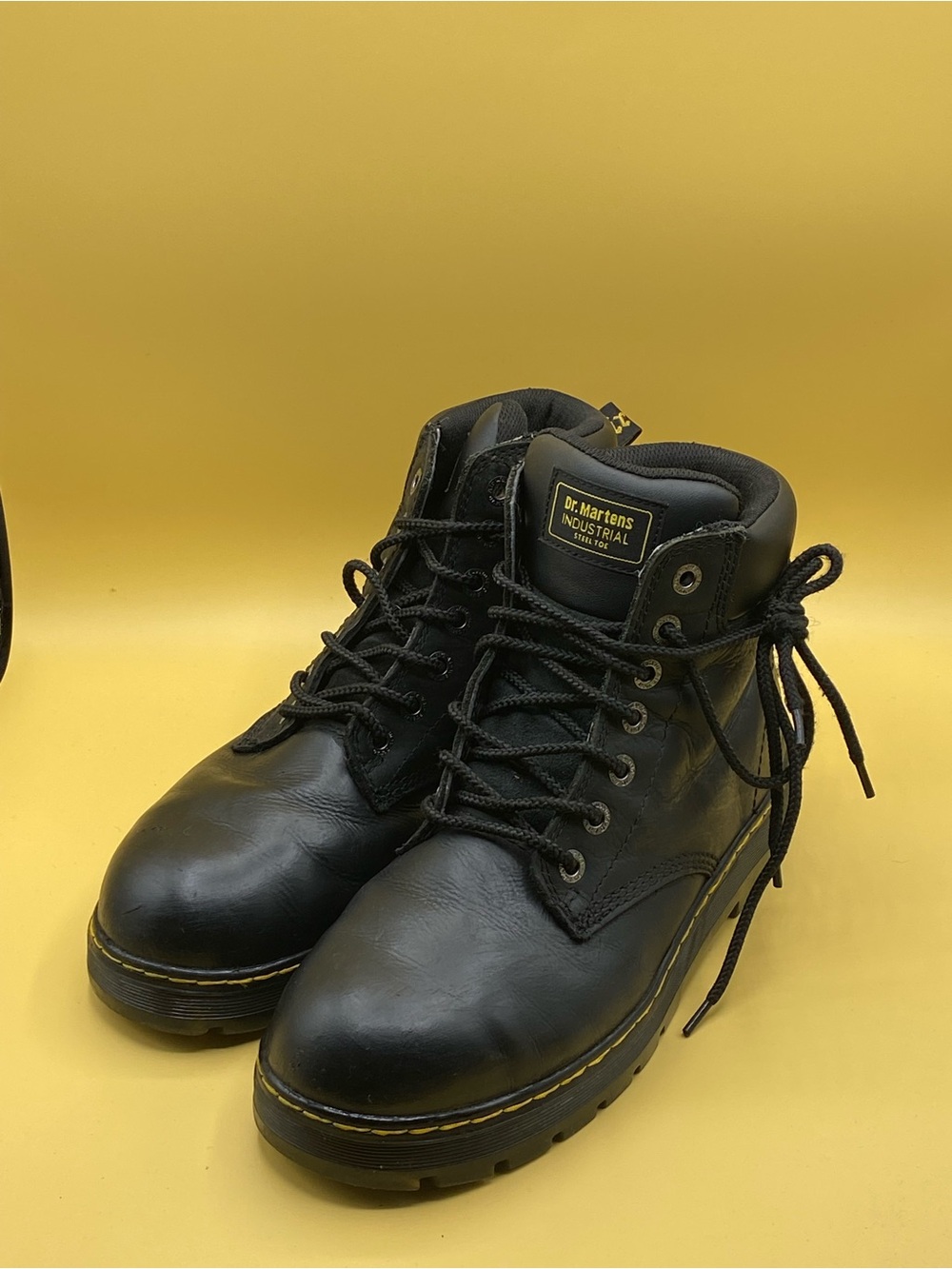 Dr. Martens Black Leather Lace-Up Work Boots with Yellow Stitching - Picture 2 of 4